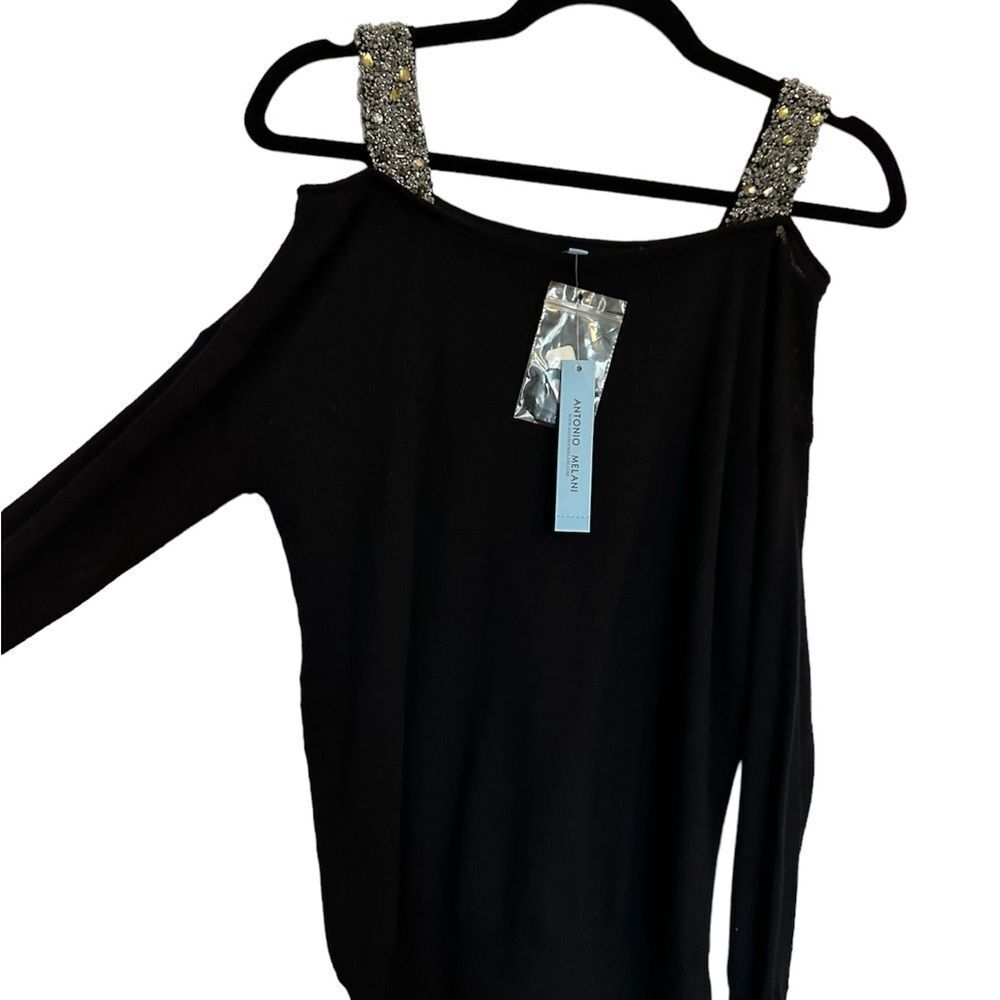 Antonio Melani size XS long sleeve cold shoulder black shirt w/ bead straps.